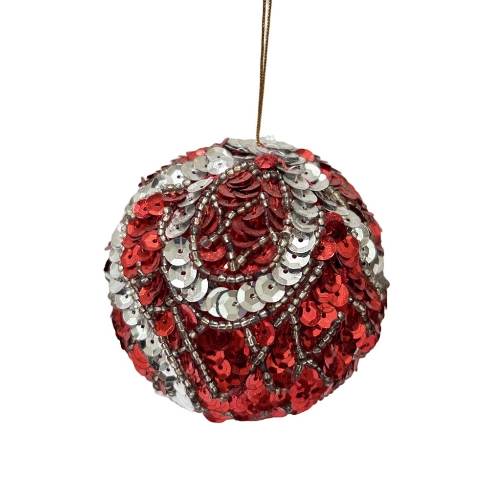 Vintage Red and silver Sequined Christmas Ornament